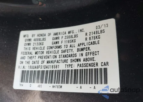 2013 Acura Tl 3.5 из США, поврежденный, VIN 19UUA8F51DA016581